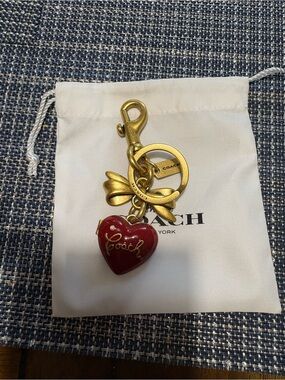 COACH Red Heart Charm Keyring with Gold Bow and Hardware